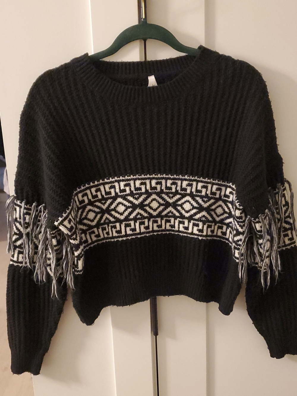Dreamers Black & White Fringe Crewneck Sweater XS